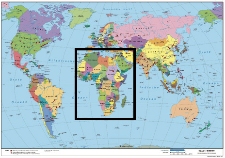 Afbeelding 1. De wereld staatkundig, met in het zwarte vierkant het continent Afrika